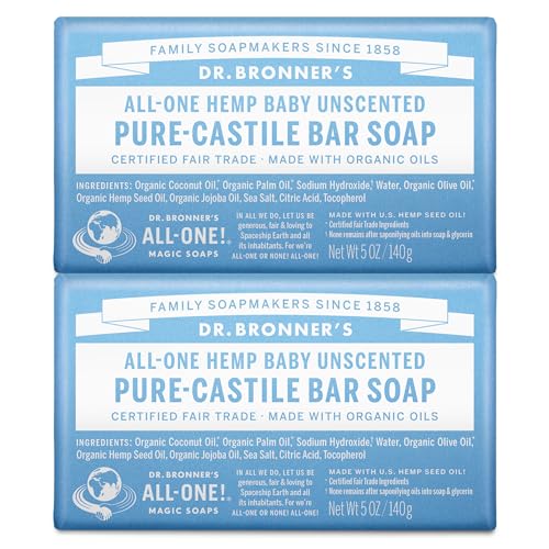 Dr. Bronner's - Pure-Castile Bar Soap (Baby Unscented, 5 ounce) - Made with Organic Oils, For Face, Body and Hair, Gentle for Sensitive Skin and Babies, No Added Fragrance, Biodegradable, Vegan