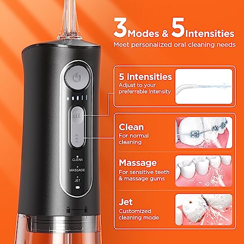 Bitvae C5 Water Dental Flosser for Teeth, Cordless Water Teeth Cleaner Picks, 3 Modes 5 Intensities, IPX7 Waterproof Water Flosser, 5 Tips Rechargeable Water Dental Picks for Cleaning - Black