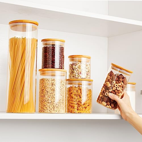 Vtopmart 7-Pack BPA Free Glass Food Storage Jars with Airtight Bamboo Wooden Lids for Pasta, Nuts, Coffee Beans, Cereal and Kitchen Pantry Organization