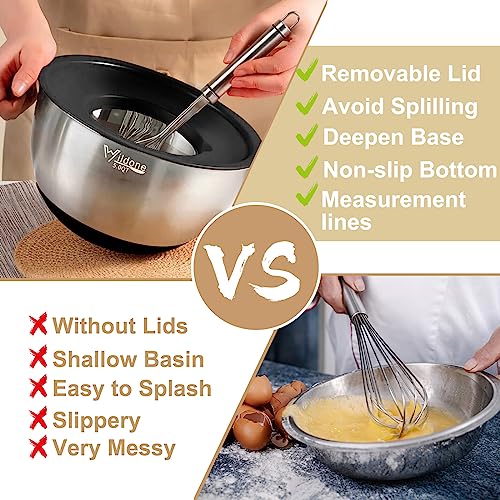 Wildone Mixing Bowls with Airtight Lids, 27 PCS Stainless Steel Nesting Bowls, with 3 Grater Attachments, Scale Mark & Non-Slip Bottom, Size 5, 4, 3, 2, 1.5, 1, 0.63QT, Ideal for Mixing & Prepping