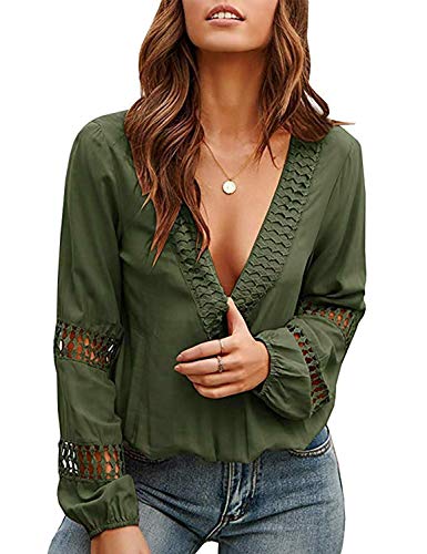 Viracy Womens Fall Tops, Girls Puff Long Sleeve Deep V Neck Blouse Sexy Lace Hallow Out Easy Fit Trendy Classic Shirt A-Line Design Clothes to Wear with Leggings Army Green Small