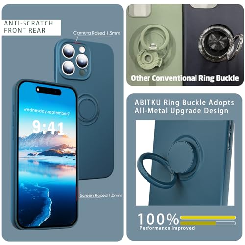 ABITKU Compatible with iPhone 15 Pro (6.1 inch) Silicone Case - Ring Kickstand, Includes Strap Rope - Stylish & Durable, Suitable for Women and Girls 2023, Blue