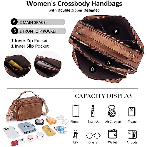 BOSTANTEN Crossbody Bags for Women Trendy Vegan Leather Purses Top Handle Shoulder Handbags with Wide Strap Beige with Brown