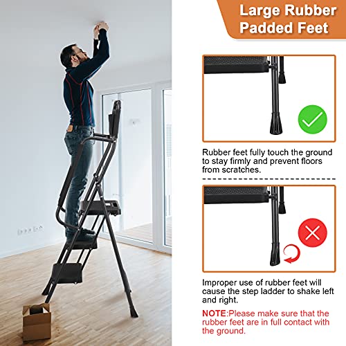 HBTower 3 Step Ladder with Handrails, 500 lbs Folding Step Stool with Attachable Tool Bag & Anti-Slip Wide Pedal for Home Kitchen Pantry Office (3-Step)
