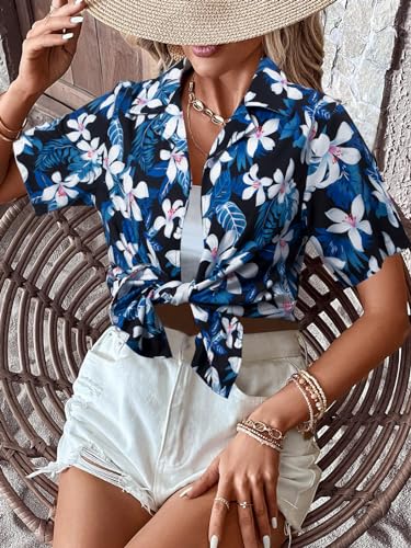 Women Hawaii Shirts: Soft Cool Floral Tropic Print V Neck Summer Tops Short Sleeve Button Up Tops T-Shirt Navy Blue