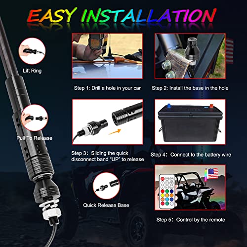 2FT LED Whip Lights, Niwaker Smoked Black Whip Light Kits with Wireless RF Remote RGB Dancing/Chasing Lighted Whip LED Antenna LED Whips for UTV ATV Polaris RZR Can Am Truck Offroad 4x4 Dune