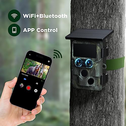 VOOPEAK Trail Camera Solar Powered, Dual Lens 60MP 4K 30FPS Bluetooth Game Camera with Starlight Night Vision, IMX458 Sensors Trail Camera 0.1S Trigger IP66 Waterproof for Outdoor Wildlife Monitoring