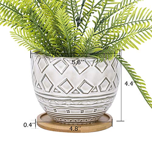 VanEnjoy 5.5 inch Large Round Bohemian Style Ceramic Planter, Geometry Engrave Off White Brown Succulent Planter Flower Pot - Indoor Outdoor Decorative Planter