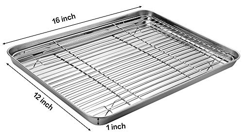 Stainless Steel Baking Sheet Tray Cooling Rack with Silicone Baking Mat Set, Cookie Pan with Cooling Rack, Set of 6 (2 Sheets + 2 Racks + 2 Mats), Size 16 x 12 x 1 Inch, Easy Clean