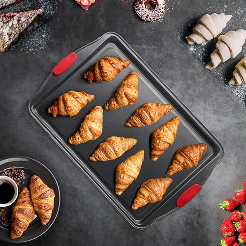 Baking Sheet Set, 2-Piece Cookie Sheet Set with Silicone Handles, Steel Baking Pan, Durable Baking Sheets for Oven, BPA Free Cookie Sheets for Baking Nonstick Set, Premium Sheet Pan, Black Baking Tray