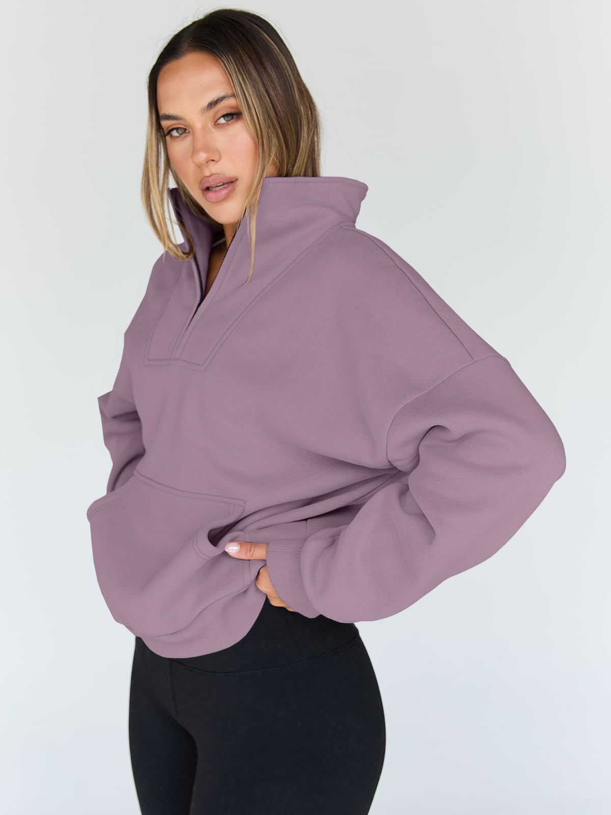 Trendy Queen Sweatshirts Half Zip Pullover Quarter Zip Oversized Hoodies Sweaters Comfy Fall Outfits 2024 Y2K Winter Clothes GreyPurple S