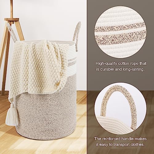 Fixwal 58L Laundry Basket, 15 x 20inches Large Laundry Hamper Tall Cotton Rope Woven Decorative Storage for Living Room, Toys, Towels, Clothes Baby Nursery Bin, Brown/Beige
