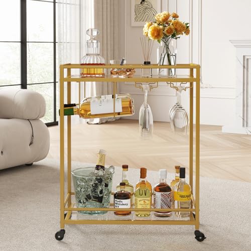 Lifewit Bar Cart, Home Serving Cart with 2 Tier Glass Shelves, Liquor Rolling Cart with Lockable Wheels, Glass Holder and Wine Rack, Beverage Cart for Kitchen Dining Living Room, Gold
