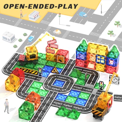 Kids Games Magnetic Tiles Road Set with Extendable Magnetic Crane, City Construction Building Toys for Toddlers STEM Preschool Toys Ages 4-6 5-7, Gifts for 3+ Year Old Boys Girls Kids Toys with Car