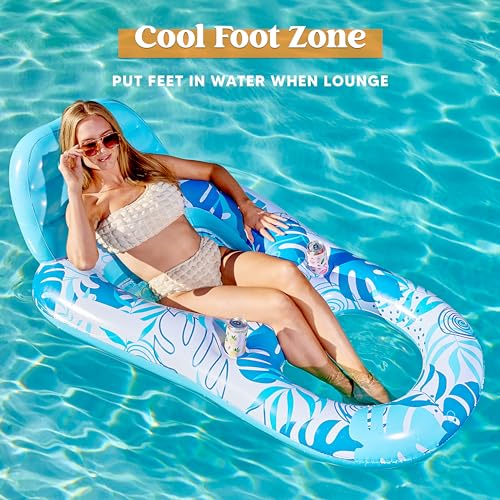 Sloosh Pool Lounge Float Adult, Inflatable Pool Floats Lounger Raft Floaties Water Floating Recliner Chair with Cup Holders Foot Rest Swimming Pool Floaty, Blue