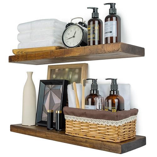 BGMG Floating Shelves 16 inch Long, Distressed,Wide Rustic Wooden Wall Shelves for Bathroom Living Room Bedroom Kitchen Farmhouse Set of 2-16x6.7x1.25 inch-Distressed Walnut