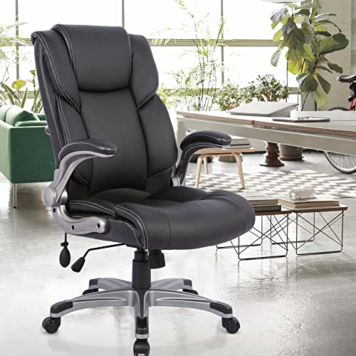 COLAMY Executive Office Ergonomic Chair with Thick Bonded Leather, Flip-up Armrests, High Back Adjustable Height and Tilt for Working, Study, Gaming