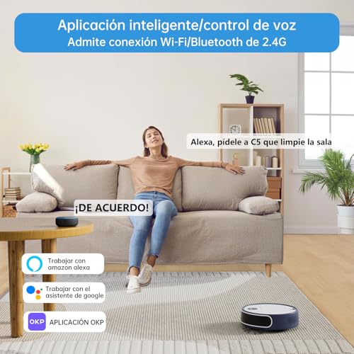 OKP Robot Vacuum, WiFi/App/Alexa, Robotic Vacuum Cleaner with Schedule, LIDAR Navigation, Smart Anti Collision and Anti-Fall, Self-Charging, Smart Mapping, Ideal for Hard Floor, Pet Hair, Carpet