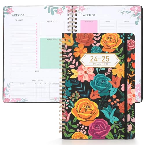 Undated Weekly Daily Planner- Weekly Goals Notebook, Women To Do List Planner, Habit Tracker Journal, Agenda 2024-2025 Daily Planner with Floral Hardcover Spiral Binding, A5 Plannee, Black