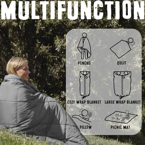 ZIPPIES 3M Thinsulate Insulation Puffy Camping Blanket for Cold Weather, Warm & Packable Camping Quilt with Zipper, Waterproof Outdoor Blanket for Hammock, Travel, Stadium, Gray