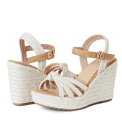 Tscoyuki Espadrille Wedge Sandals for Women, Adjustable Ankle Strappy Cute Shoes Open Toe Platform Womens Sandals Casual Sloping High Heels