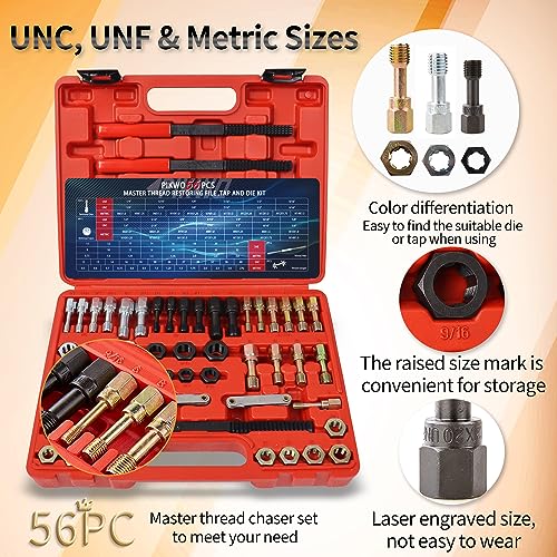 Pikwo 56Pcs Thread Restorer Kit, Rethread Repair Tool, UNC UNF & MetricThread Chaser Set with Thread Pitch Gauge