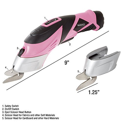 Cordless Electric Scissors with Two Blades – Fabric, Leather, Carpet and Cardboard Cutter – 3.6V Lithium-Ion Rechargeable Battery by Stalwart (Pink)