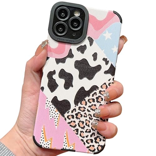 YKCZL Compatible for iPhone 14 Pro Max Phone Case,Cute Leather Leopard and Black Flash Splicing Patter,Soft TPU Full Camera Lens Protective Shock Women Protection Cover for iPhone 14 Pro Max-Black