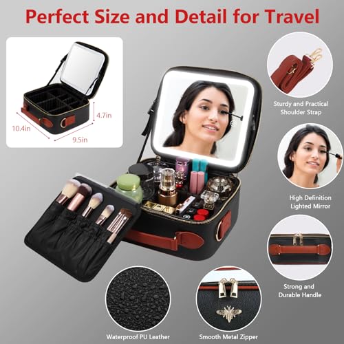 GERYUAEG Travel Makeup Bag with Mirror of LED Lighted, Rechargeable Cosmetic Train Case Artist Makeup Organizer for Women with Adjustable Dividers, Makeup Brushes Holder and Strap (Black)