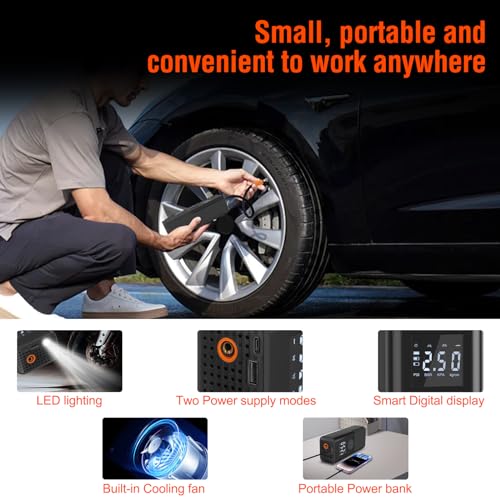 AOKBON Mini Portable Air Compressor 150 PSI Rechargeable Electric Air Pump DC12V Tire Inflator with Digital Display LED Light USB Charging for Car Motorcycle Ball Outdoor