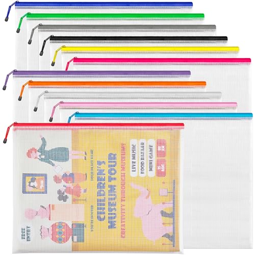 JARLINK A3 (16.9x12.4 in, 12 Pcs) Mesh Zipper Pouch, 12 Colors Extra Large Zipper Bags, Waterproof File Pouches for Office Supplies, Puzzles, Board Game, School, Travel Accessories& Craft Projects