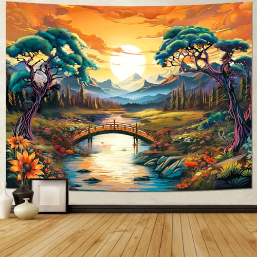 Racunbula Trippy Mountain Tapestry Sun Forest Tapestry Floral Plant Tapestry Nature Landscape Wall Tapestry Mystic River Tapestry Wall Hanging for Bedroom
