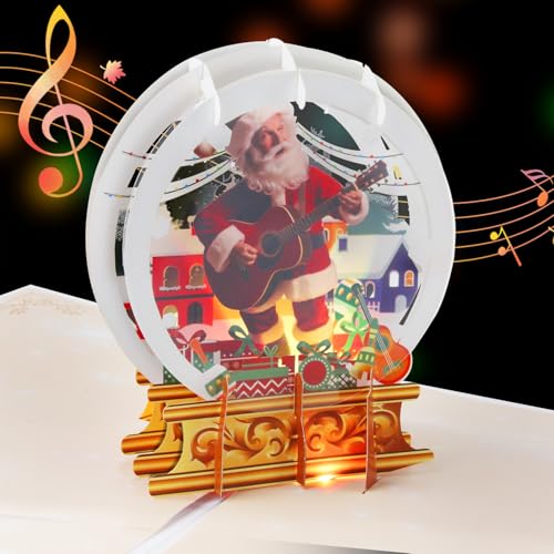 APOTODITO Pop Up Christmas Cards with Santa Claus Playing Guitar, Christmas Gifts with Music and Light, 3d Musical Greeting Card for Christmas Holiday New Year, Christmas Gift for Kids Family