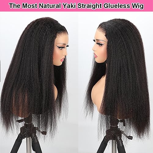 Domiso Glueless Wig Human Hair Yaki Hair Pre Cut 6x4.6 HD Lace Wig Knots Bleached Kinky Straight Lace Front Wigs Human Hair for Women Natural Hairline Pre Plucked Breathable Cap 200% Density 16 Inch