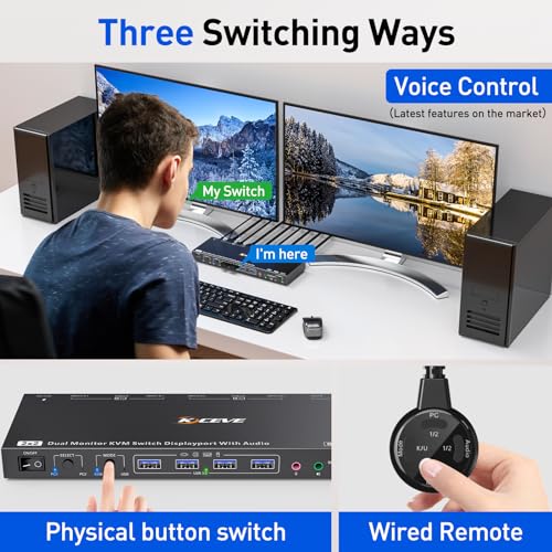 2 Displayport + HDMI USB 3.0 KVM Switch 3 Monitors 3 Computers, 8K@60Hz,4K@144Hz Triple Monitor KVM with 4 USB 3.0 Ports, KVM Triple Monitor Keyboard Mouse Switcher,Included KVM Cables
