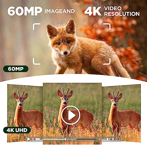 VOOPEAK Trail Camera Solar Powered, Dual Lens 60MP 4K 30FPS Bluetooth Game Camera with Starlight Night Vision, IMX458 Sensors Trail Camera 0.1S Trigger IP66 Waterproof for Outdoor Wildlife Monitoring