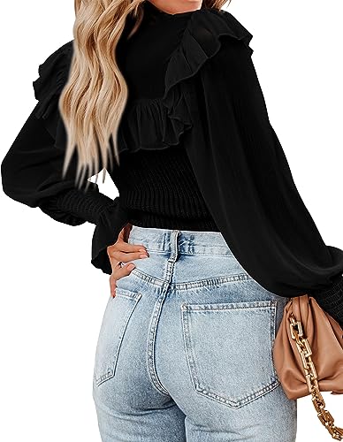 KIRUNDO Women Fall Sweaters 2024 Trendy Elegant Sheer Long Sleeve Ruffle Mock Neck Sweater Shirt Business Casual Knit Tops(Black, Small)