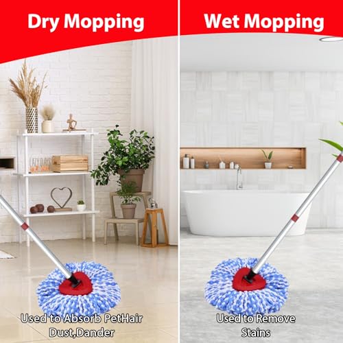 Spin Mop Replace Head Compatible with O-Cedar RinseClean 2 Tank, Mop Replacement Head Handle Base, 2 Microfiber Mop Refills+1 Mop Stick(30-58") +1 Mop Base Combo Set (Blue)
