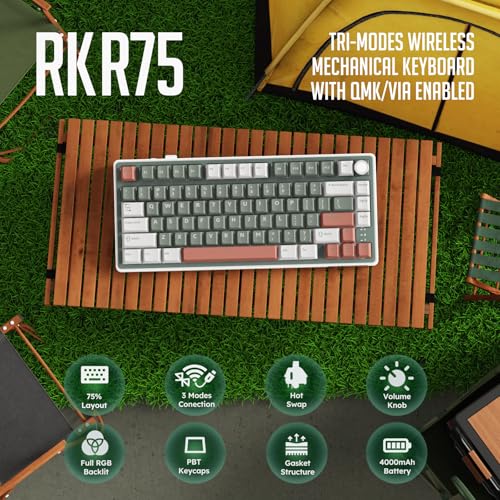 RK ROYAL KLUDGE R75 Wireless Mechanical Keyboard, 75% Percent Custom Gaming Keyboard Gasket Mount RGB Backlit with Knob & PBT Keycaps, BT5.1/2.4GHz/USB-C, QMK/VIA, Hot Swappable Cream Switch