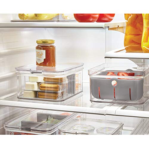 iDesign Crisp Produce Plastic Refrigerator and Modular Stacking Pantry Bin with Lid and Removable Inner Basket, Perfect for Washing Vegetables, Fruit, Lettuce, BPA Free 15.72" x 6.32" x 3.76"