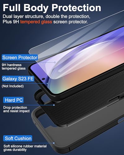 Dahkoiz for Samsung Galaxy S23-FE Case, and Glass Screen Protector, Dust-Proof Port Cover, Full Body Silicone Rubber Covered, Non-Slip Drop-Proof Phone Case for S23 FE 5G(2023), Black/Black
