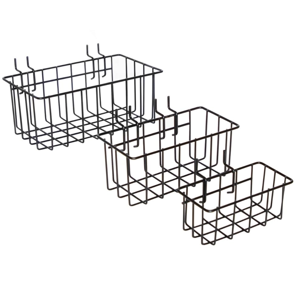 Heavy Duty Peg Board Hook Baskets for ¼ Pegboard Holes, Set of 3 Black Wire Baskets, Extra Thick Metal Fit Snugly in Pegboards with ¼ Inch Holes, ¼” Peg Board Organizer Accessories for Tools and More