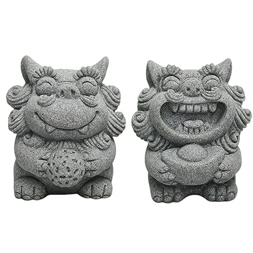livelyfish Fish Tank Fu Foo Dogs Statues Decorations A Pair of Asian Japanese Sandstone Lion Figures Sculpture for 10 Gallon Tanks Aquarium, Garden Bonsai Decor Gifts,E (L)
