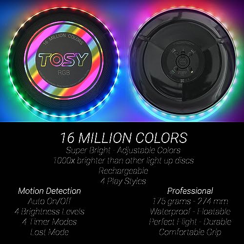 TOSY 16 Million Color Flying Disc - 36 RGB LEDs, Extremely Bright, Smart Modes, Countless Styles, Auto Light Up, Rechargeable, Perfect Birthday & Camping Gift for Men/Boys/Teens/Kids, 175g frisbees