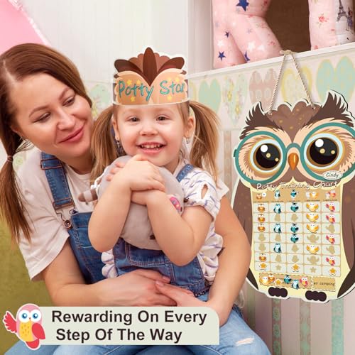 Potty Training Chart for Toddlers Boys and Girls, Large Owl Potty Chart with 37 Magnetic Stickers for Kids, Cute Reusable Potty Training Reward Chart with 3 Instruction Steps and Crown, Marker