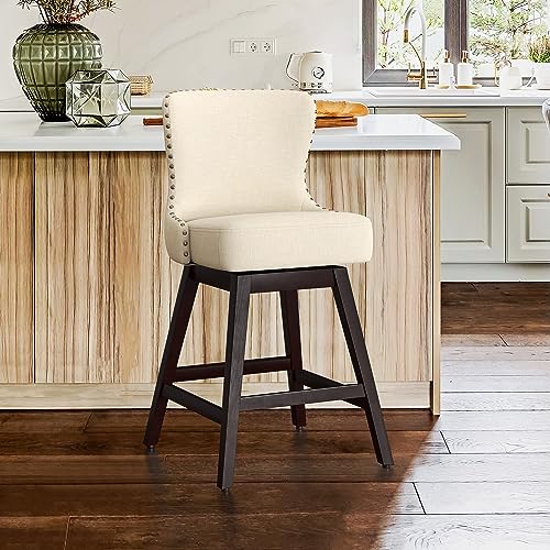 Cozyman Counter Height Bar Stools, 30" H Swivel Bar Stool with Back, Linen Fabric Counter Stool, Solid Wood Legs, Retro Upholstered Barstools for Kitchen Island, Home Bar, Pub, Beige