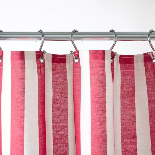 TOWN & COUNTRY PLAY Adeline Offset Stripe Cotton-Rich Breathable Fabric Shower Curtain with Anti-Rust Grommets, Pink/Beige/Yellow, 70"x72"