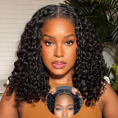 Domiso Wear and Go Glueless Wigs Deep Wave Bob Human Hair Lace Wigs Pre Cut No Glue for Black Women Pre Plucked Hairline 12 Inch