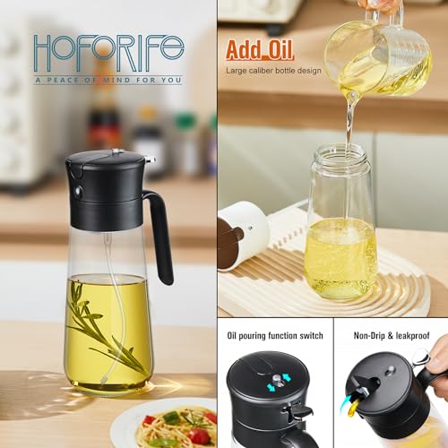 hoforife Glass Olive Oil Dispenser Bottle & Oil Sprayer Bottle 2 In 1 for Kitchen Cooking, Auto Flip Cap, 18oz White