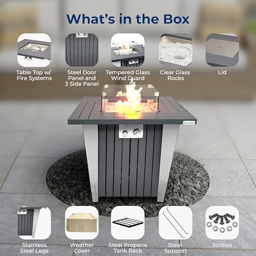 Outdoor Propane Fire Pit Table - CSA/ETL Certified 50,000 BTU Pulse Ignition Weatherproof Square Propane Gas Fire Table w/Adjustable Flame - Glass Wind Guard, Glass Rocks - SereneLife SLNFRE27